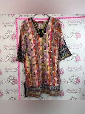 Dress Colorful Vibrant Printed or Mid Sleeve Tunic with V-Neck Trim Aztec